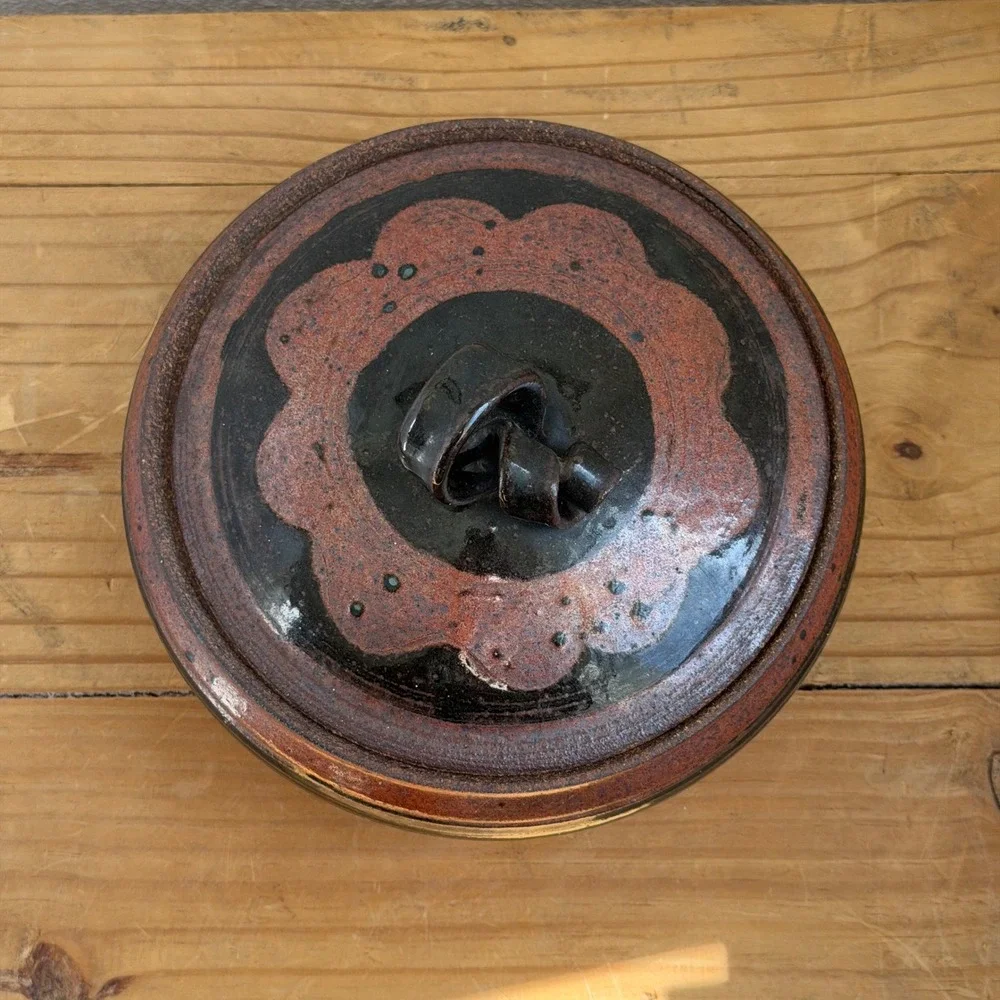 Studio‎ Pottery Lidded Bowl, Hand Thrown Rust Copper Black Glaze, Ceramic Vessel